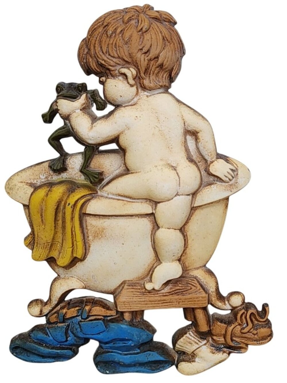 Vintage Sexton 1975 Boy & Frog in Bathtub Cast Metal Wall Plaque Bathroom Decor